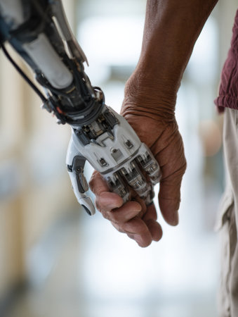 An elderly person and a robotic arm, both with hands clasped together. They are indoors, perhaps in a hospital.の素材