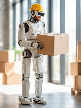 A robot in a hard hat handles a cardboard box in a bright, spacious warehouse full of packages.の素材