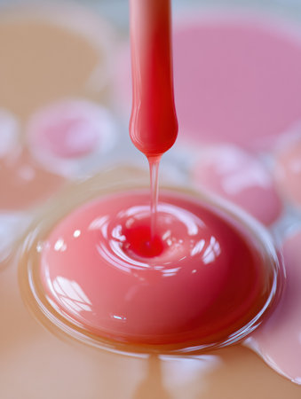 Colorful droplets splash on a smooth surface, creating vibrant, artistic patterns in a creative activity.の素材