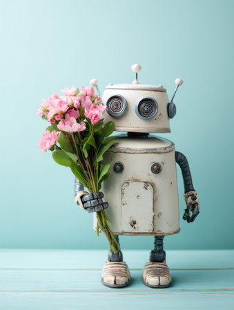A friendly robot stands on a wooden surface, gently holding a bouquet of pink flowers against a light blue background.の素材