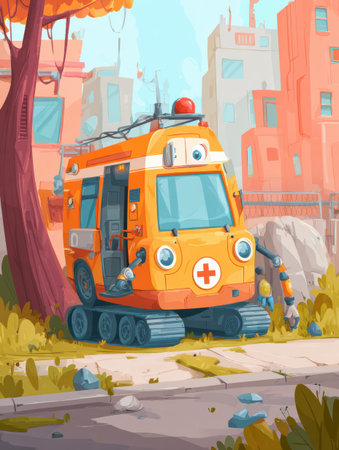 A bright orange rescue vehicle stands on a sunny city street surrounded by colorful buildings and lush grass.の素材