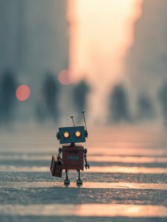 A small robot stands alone on a crosswalk with a suitcase as people walk by in the background during sunset.の素材