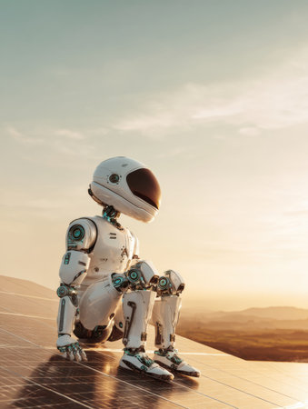 A humanoid robot relaxes on solar panels, watching the sunset over a peaceful landscape, merging tech and nature.の素材