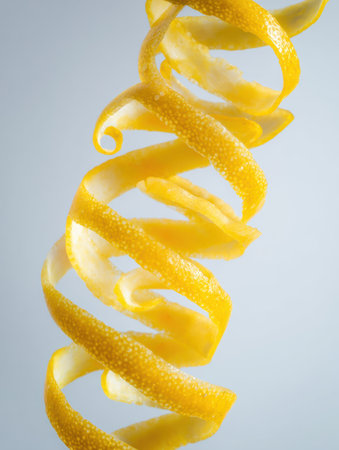 Lemon peel twists in the air, showcasing vibrant color and texture against a light backdrop.の素材