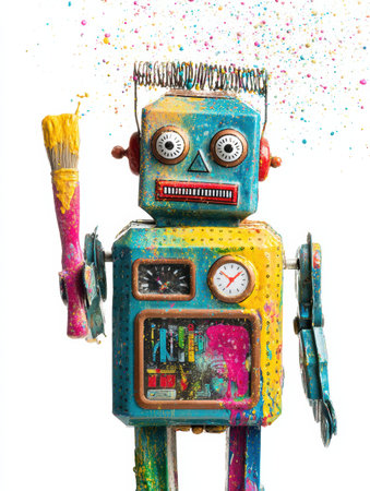 A whimsical robot raises a paintbrush, showcasing vibrant colors in a joyful, creative atmosphere.の素材