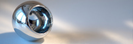 A shiny, silver colored sphere with a hole in the center is resting on a light surface. Light reflects off the metal.の素材