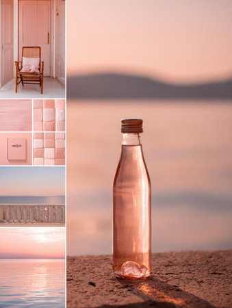A pink glass bottle stands on a stone surface as a soft sunset reflects on calm water in a tranquil coastal scene.の素材