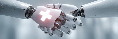 Two robotic hands meet in a handshake, representing advancement and partnership in the healthcare field.の素材