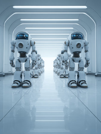 Multiple robots are marching in a sleek and bright corridor, showing advanced technology in action.の素材