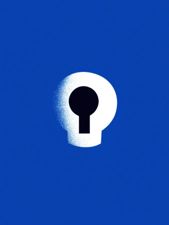 A bold black keyhole shape stands out against a bright blue background in a minimalist design.の素材