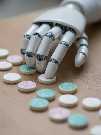 A robotic hand is sorting colorful circular tokens into organized groups on a wooden table in a technology showcase.の素材
