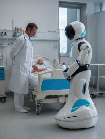Doctor and robot assist a patient in hospital. Futuristic medicine, and healthcare innovation concept is shown.の素材