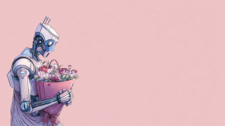 A robot with a large bouquet of flowers blends AI and nature against a soft pink background.の素材