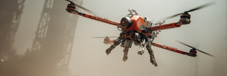A mechanical drone with rotors and robotic arms is suspended in air.の素材