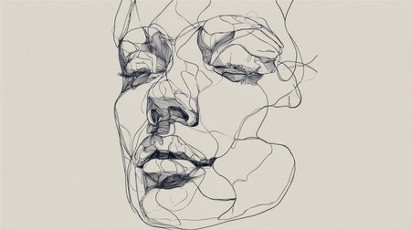 Intricate lines form a serene human face with delicate features against a soft background.の素材