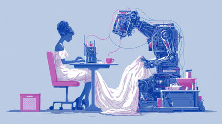 A woman types on a laptop as a robot precisely creates an item in a bright setting.の素材