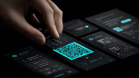 A hand reaches for a digital screen showing a QR code amidst various app interface elements in low light.の素材