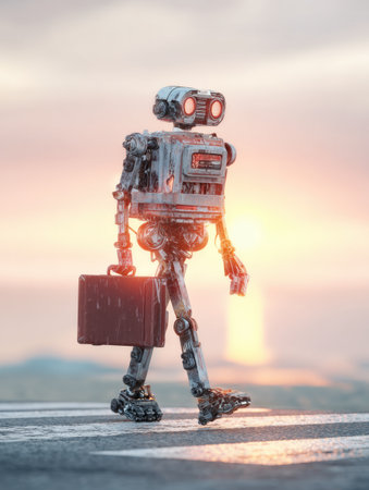 A mechanical robot carries a briefcase while crossing a street. The sunset sky is in the background during this time.の素材
