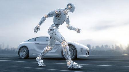 A futuristic robot walks with precision next to a modern vehicle, showing technology and design in an urban setting.の素材