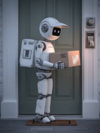 A small robot delivery courier waits at a front door, holding a package in the soft evening light.の素材