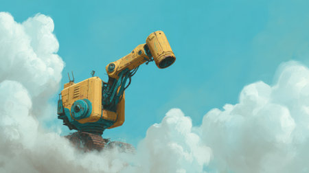 A vibrant robotic arm reaches toward the bright sky, framed by fluffy white clouds for a stunning contrast.の素材
