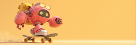 A cheerful pink robot skateboards smoothly on a vibrant yellow background, wearing trendy sunglasses.の素材