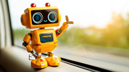 A small yellow robot waves happily from the window of a moving car on a bright sunny day, enjoying the journey.の素材