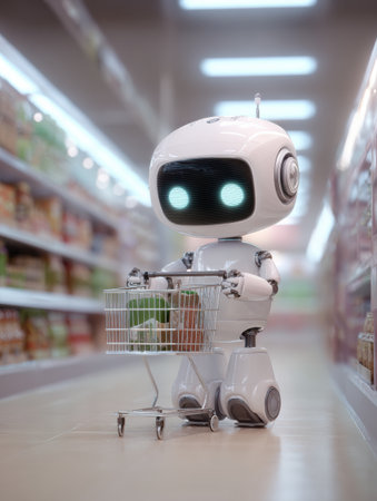 A small robot pushes a shopping cart in a grocery store aisle, exploring products while showing advanced technology.の素材