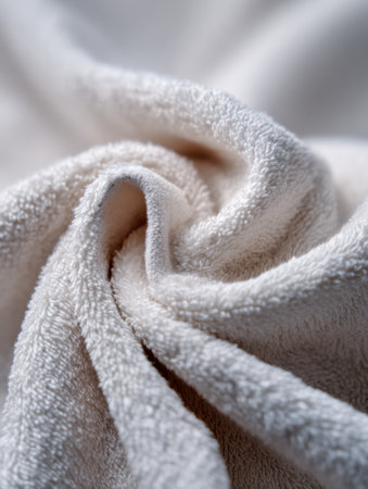 Close-up view of a soft white towel, revealing its fine texture and gentle folds, perfect for comfort and relaxation.の素材