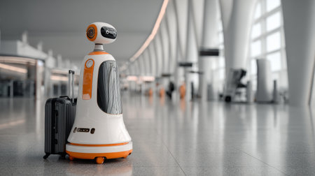 A robot assistant waits with a suitcase in a spacious, well-lit airport terminal. Travelers pass by in the background.の素材