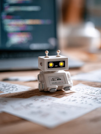 A cute robot toy rests on a wooden desk with notes and a laptop, showcasing a creative workspace.の素材
