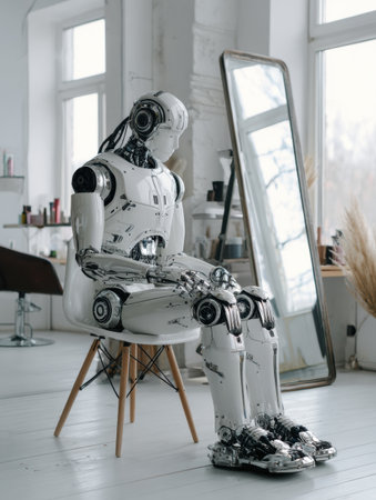 A robotic figure rests quietly on a chair in a bright room, showcasing sleek design and innovative technology.の素材