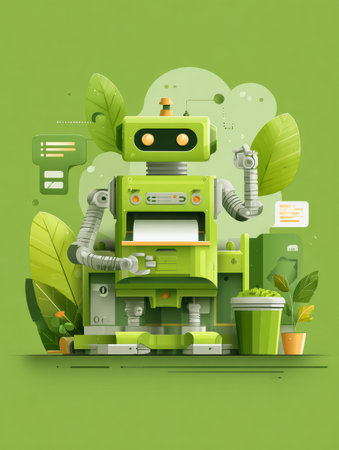 A cheerful robot blends with lush plants in a vibrant green setting, merging nature and technology creatively.の素材