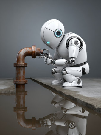 A sleek robot is focused on fixing a rusted pipe beside calm water, showing its advanced technology and engineering.の素材