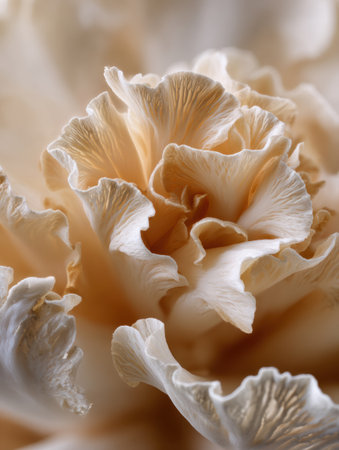 A close-up of a creamy white flower shows its ruffled petals and delicate shades and textures.の素材