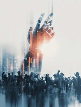 A large crowd gathers with raised hands in a digital setting, symbolizing hope and solidarity during difficult moments.の素材
