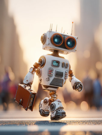 A small robot walks through a busy street at sunset, briefcase in hand, blending tech with city life.の素材