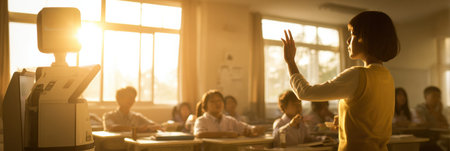 Students listen attentively as their teacher explains a lesson, with golden light filling the room from the windows.の素材