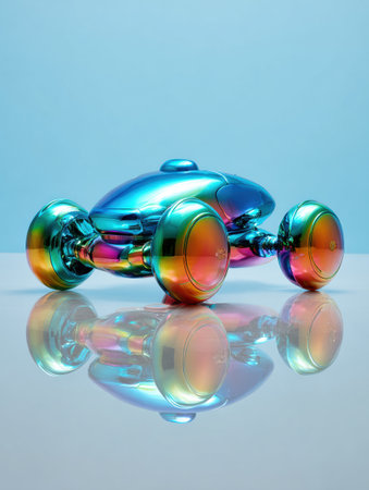 A vibrant toy car with a shiny, rainbow finish sits on a reflective surface.の素材
