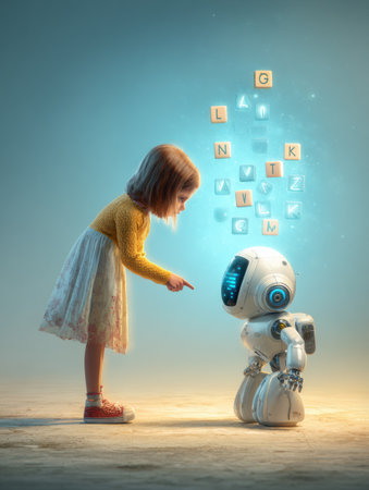 A girl in a yellow sweater points at a friendly robot, with floating letters around them, symbolizing fun.の素材