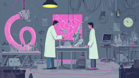 Two scientists research in a bright lab full of equipment, creating a vibrant atmosphere.の素材
