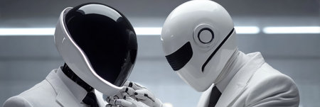 Two humanoid robots in sleek white suits interact closely, showcasing technology in a modern setting.の素材