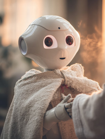A small robot interacts with a human, creating a heartwarming scene in a warm, inviting environment.の素材