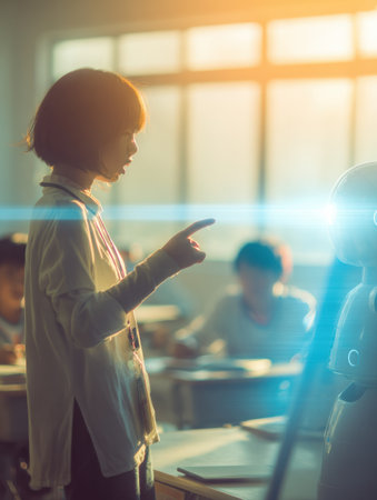 Educator connects with students in a sunny classroom, fostering a focused and inspiring learning atmosphere.の素材