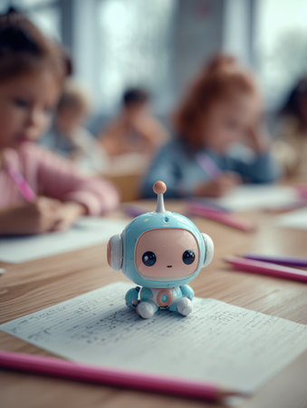 A toy robot rests on a wooden desk as kids enjoy lively writing lessons in the classroom.の素材