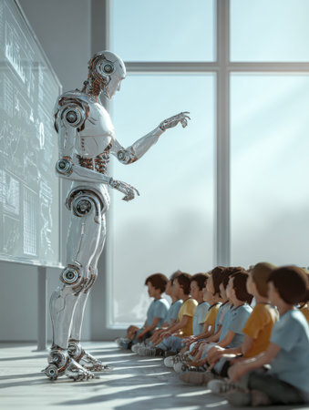 A robotic educator engages with children in a modern classroom, emphasizing learning through advanced technology.の素材