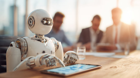 In a contemporary office, a robot interacts with a tablet while business professionals engage in discussion.の素材