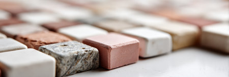 Small square tiles in pink, white, and beige are neatly arranged, highlighting their textures and patterns.の素材