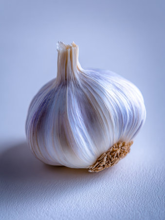 Garlic bulb rests on a smooth surface, highlights its unique texture and gentle colors under soft lighting.の素材