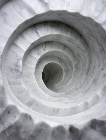 Close-up shows the nautilus shells intricate spiral design in smooth marble, showing its natural beauty.の素材